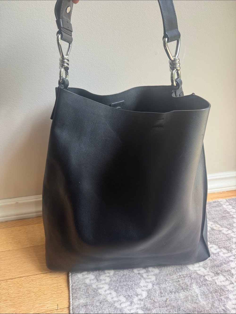 AllSaints Black Leather Tote with Silver Hardware